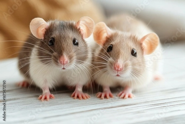 Fototapeta Two close-up young rats with pink noses and whiskers standing side by side on a light wooden surface, looking curious and attentive