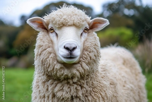 Fototapeta Close-up of a calm white sheep with thick curly wool standing outdoors on green grass with blurred trees in the background