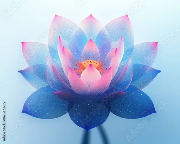 Fototapeta Close-up of a vibrant lotus flower with translucent pink and blue petals radiating outward against a soft light blue background, evoking calm and beauty