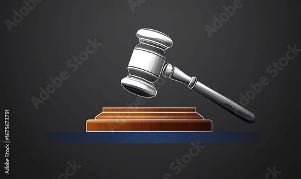Fototapeta Silver gavel poised above wooden block symbolizing law and justice on dark background