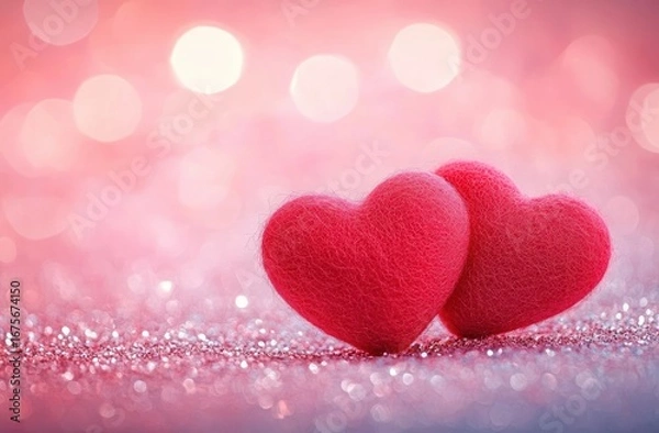 Fototapeta Two soft red hearts resting closely on a glittery surface with a sparkling pink and purple blurred background conveying warmth and affection