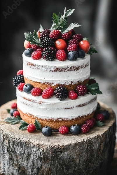 Fototapeta Two-tier cake with white frosting decorated with an assortment of fresh berries and green leaves placed on a rustic wooden tree stump