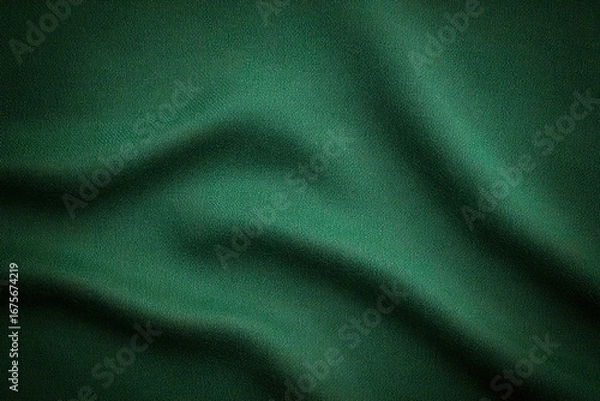 Fototapeta Close-up of smooth dark green fabric with gentle folds and textured surface creating soft shadows and highlights