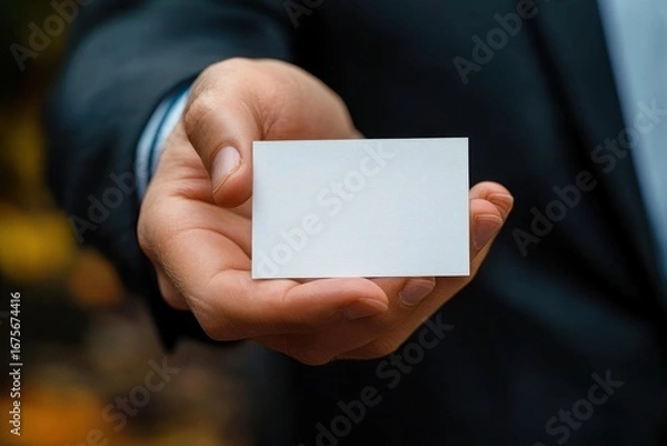 Fototapeta Close-up of a person in formal attire holding out a blank white business card towards the camera in a gesture of offering or introduction