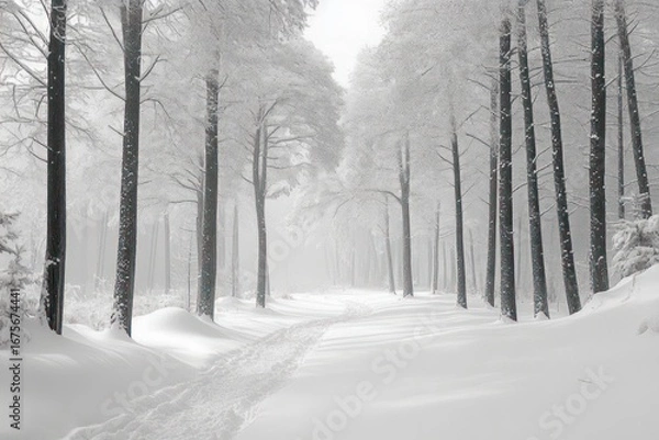 Fototapeta Snow-covered forest pathway lined with tall bare trees under a soft, misty winter sky