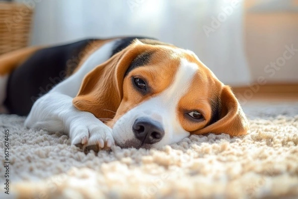 Fototapeta Close-up of a tricolor dog lying on a soft carpet in a softly lit room looking relaxed and calm
