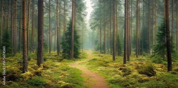 Fototapeta Serene forest scene with tall pine trees lining a winding dirt path covered in green moss and undergrowth under soft diffused light