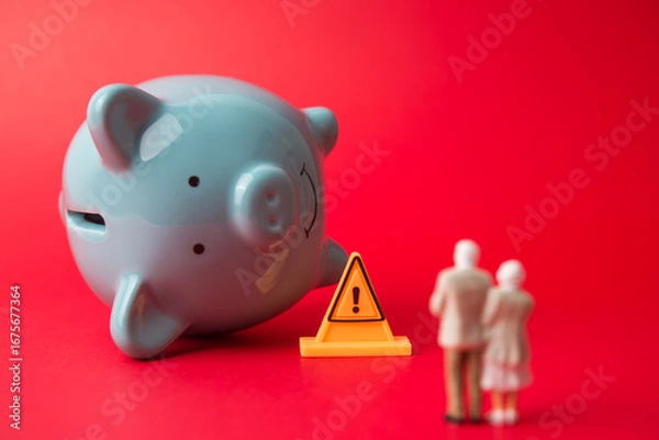 Obraz Senior couple looking at warning sign and falling piggy bank red background. Financial problem of elderly in economy crisis impact to savings, high expenses, retirees financial planning, ira concept.