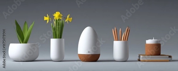 Fototapeta Desk Still Life with Plant, Daffodil, Diffuser, Pencil and Candle
