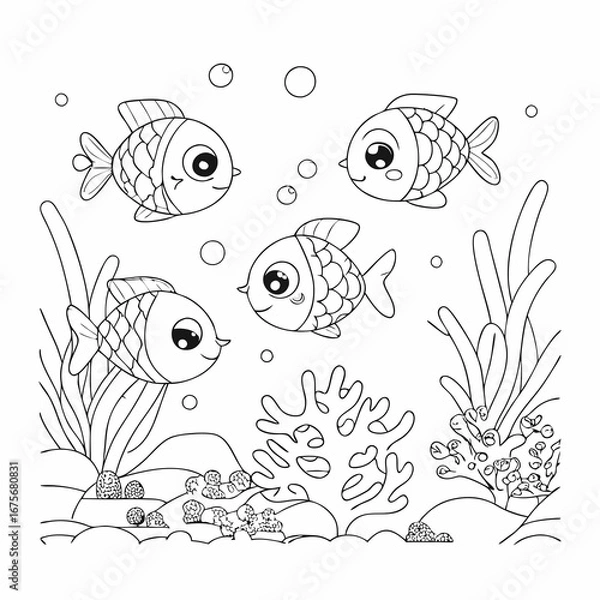 Fototapeta Coloring book or coloring page for kids fish black and white vector marine background
