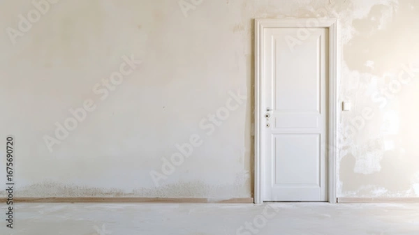 Fototapeta Minimalist doorway revealing tile trim, plaster application in progress, clean background with sharp detail