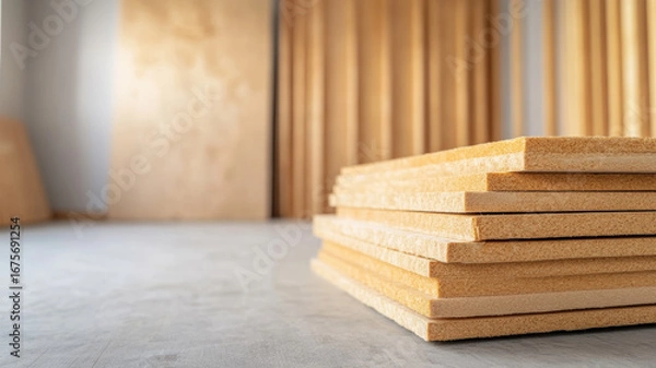 Fototapeta Mineral wool panels placed on a concrete floor during house renovation, with wooden panels and planks in background