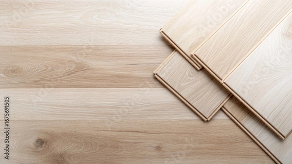 Fototapeta Top view minimalist photo of laminate flooring planks lying on a finished floor, showing installation progress in a simple and elegant style