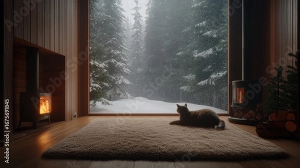 Fototapeta Cozy winter cabin with cat lounging by fireplace and snowy forest view