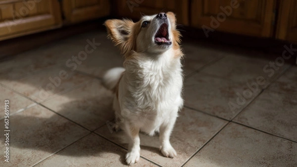 Fototapeta Small dog barking upwards while standing on a tiled kitchen floor, illuminated by bright overhead light