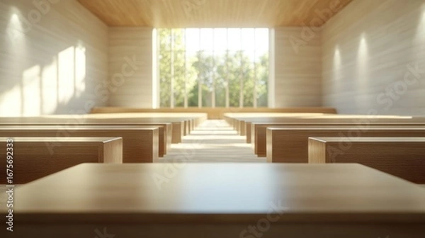 Fototapeta Modern Auditorium, Sunlight, Empty Seats, Daylight, Interior, Architectural Design, Calm Atmosphere, Focus, Perspective