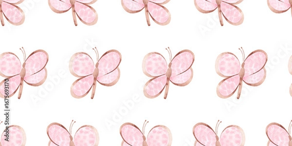 Fototapeta Watercolor delicate pink butterfly simple seamless pattern. Childish gentle retro style background. Wallpaper For banner design, wrapping paper, print and decoration