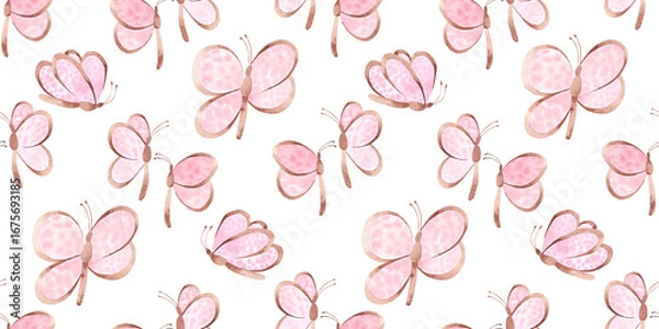 Fototapeta Watercolor delicate pink butterfly seamless wallpaper pattern. Childish gentle retro style background. Wallpaper For banner design, wrapping paper, print and decoration