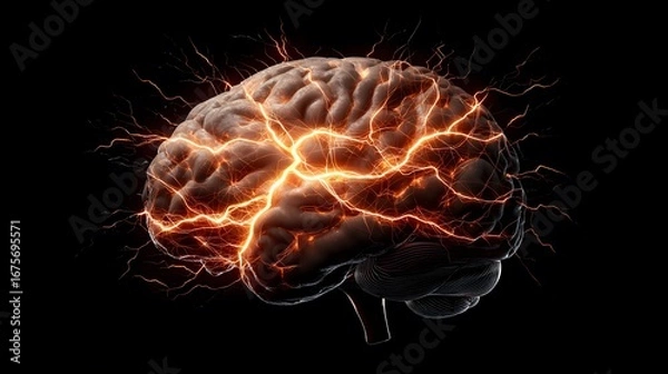 Obraz The image shows a human brain glowing with bright orange electric energy, set against a sleek black background, suggesting intelligence and neurological activity.