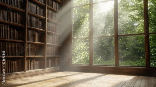 Fototapeta Serene library room with sunlight streaming through large windows illuminating wooden shelves
