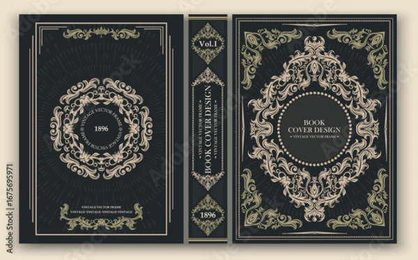 Fototapeta Vector. Elegant vintage ornamental cover. Black background with golden elements. Stylish and strict composition, suitable for classic works or collectible editions.