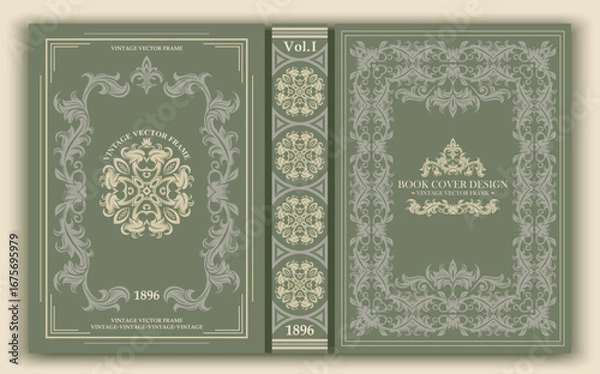 Fototapeta Vector. Vintage book cover with decorative ornament in rococo style. Delicate olive and cream tones create the atmosphere of an old edition and are ideal for retro projects.