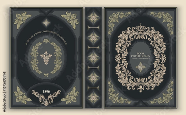 Fototapeta Vector. Elegant vintage cover with a baroque gold pattern and an oval frame on a dark background. Ideal for retro design, historical and art publications. Luxurious classic, emphasizing premium.