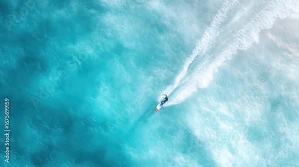 Fototapeta Aerial view of solo wakeboarder gliding across ocean surface