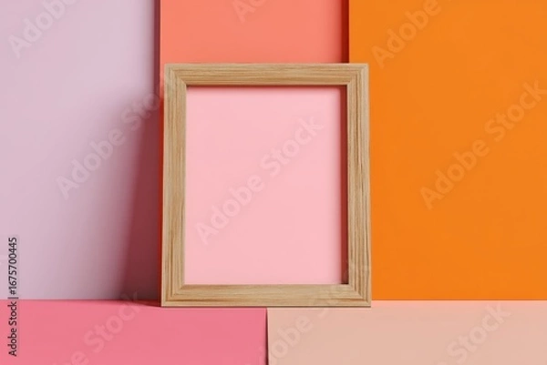 Fototapeta Wooden frame mockup positioned against colorful pink and orange backgrounds for creative display and artistic presentation in a modern setting
