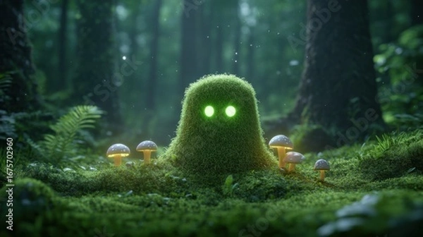 Fototapeta Enchanting forest spirit with glowing eyes surrounded by mushrooms in mystical woodland