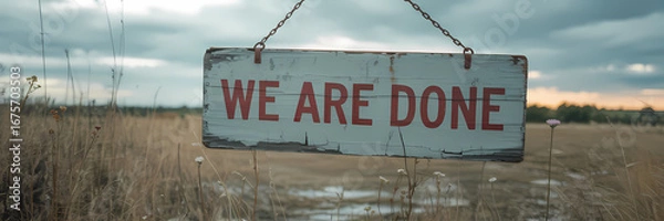 Fototapeta A poignant photograph of a weathered sign reading "We Are Done" in a desolate field, symbolizing finality.