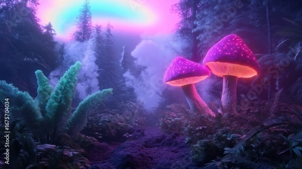 Fototapeta Enchanted forest with glowing mushrooms under a dreamlike sky