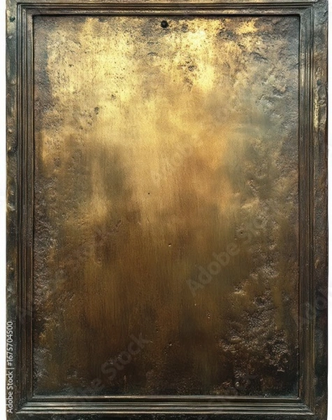 Fototapeta close-up of old worn metallic surface with rust and patina inside a rectangular frame showing texture and aging effects