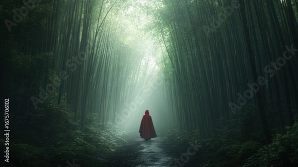 Fototapeta Enigmatic journey: red cloak wanderer in lush bamboo forest at dawn