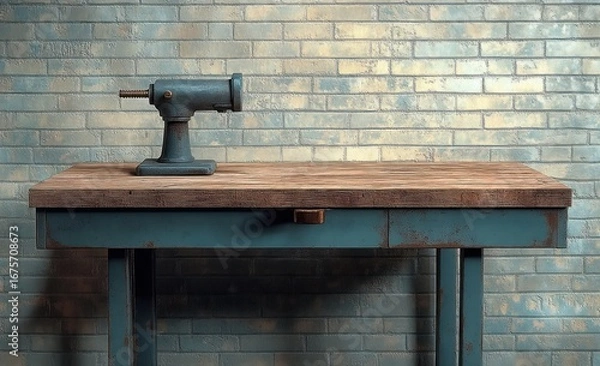 Fototapeta Rustic wooden workbench with blue metal legs and a vintage metal clamp vise against a light gray brick wall in a workshop setting