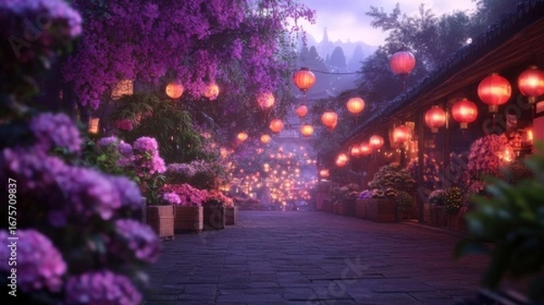 Fototapeta Enchanting lantern-lit street with vibrant flowers in serene evening glow