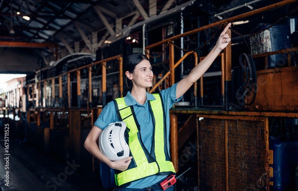 Fototapeta Portrait of professional woman engineer in white hardhat standing and working in train factory.