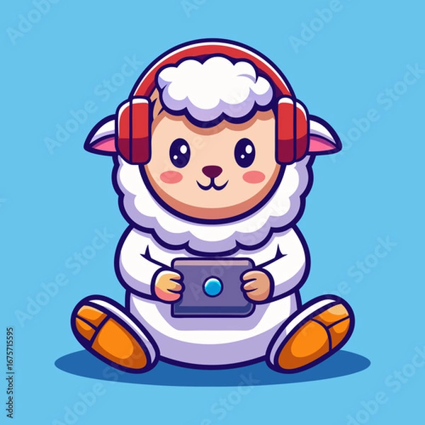 Obraz Cute sheep wearing headphones playing tablet cartoon