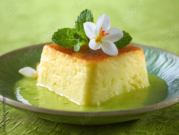 Obraz Square dessert with mint and flower garnish on green plate
