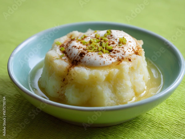 Obraz Mashed potato dessert with cream and pistachios