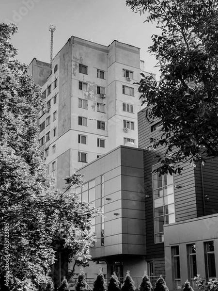 Obraz Monochrome view of two buildings with contrasting styles, a weathered high-rise and a modern, glass-fronted structure framed by dense foliage