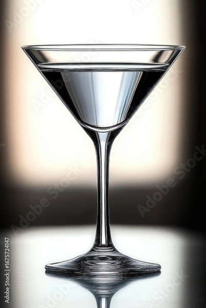 Fototapeta Close-up of a transparent martini glass filled with clear liquid, reflecting light on a smooth surface with a blurred warm background