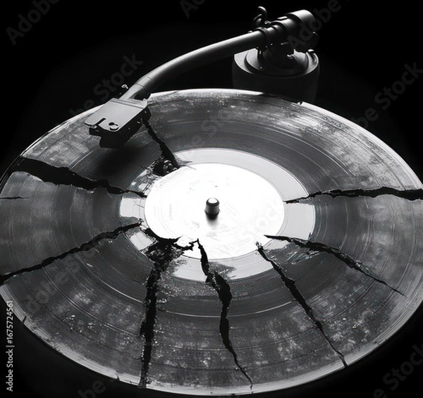 Fototapeta Close-up view of a severely cracked vinyl record on a turntable against a black background, conveying damage and decay