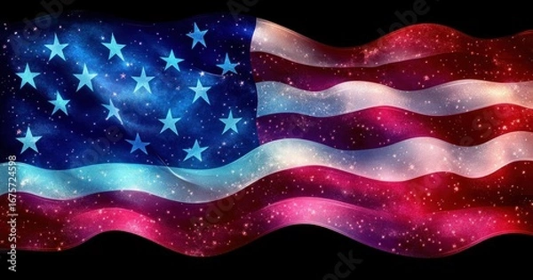 Fototapeta Waving American flag with a cosmic galaxy texture overlay featuring stars and colorful light effects on black background