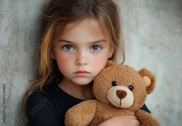 Fototapeta Young girl with serious expression hugging a soft brown teddy bear against a textured concrete wall