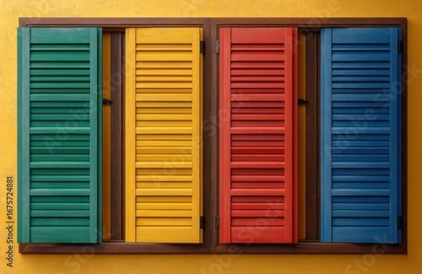 Fototapeta Four wooden window shutters painted green, yellow, red, and blue on a bright yellow wall, showcasing vibrant colors and geometric symmetry in a harmonious arrangement