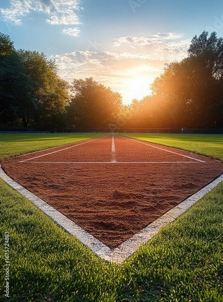 Fototapeta Empty baseball diamond at sunset with bright sun rays shining through surrounding trees and lush green grass
