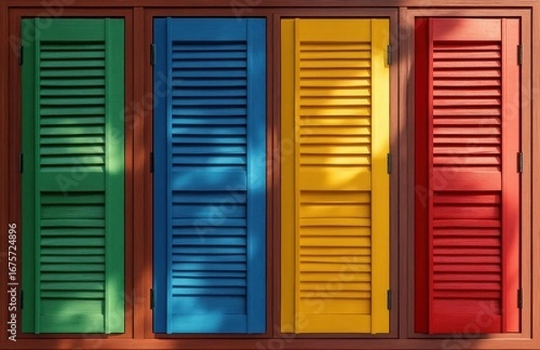 Fototapeta Colorful wooden shutters in green, blue, yellow, and red mounted on a brown wooden wall with soft daylight casting shadows