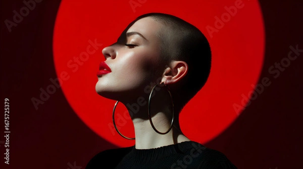 Fototapeta Striking portrait of a bald woman with bold red lipstick and large hoop earrings against a dramatic red circular background