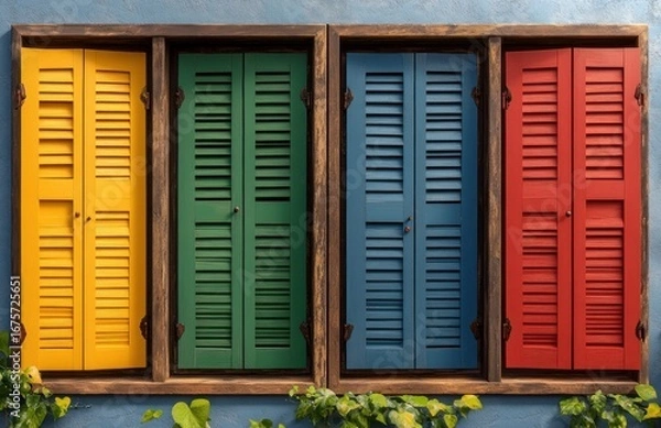 Fototapeta Four colorful wooden shutter windows in yellow, green, blue, and red framed by rustic brown wood on a textured blue wall with green plants below, evoking vibrancy and charm
